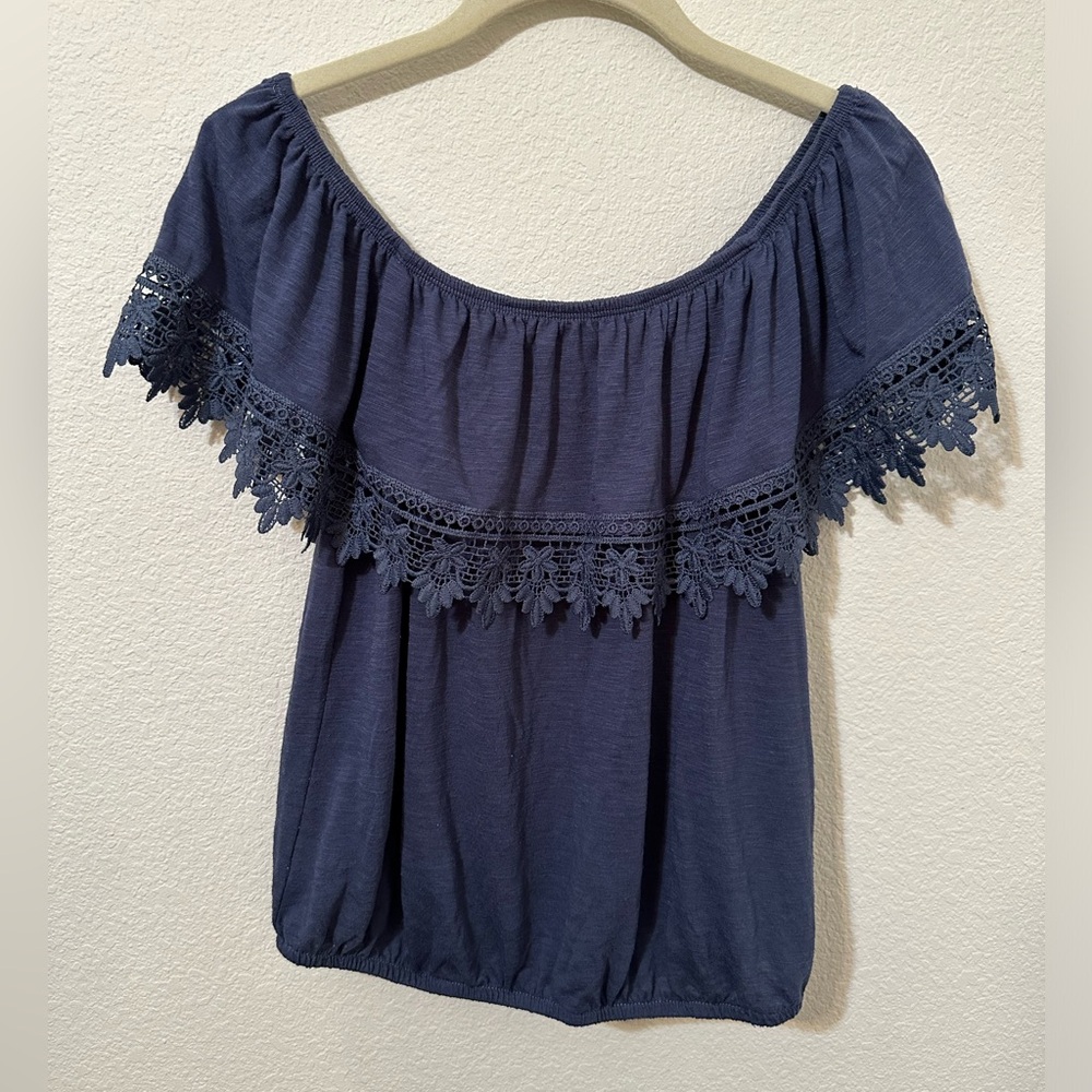 EUC PAPER + TEE Off The Shoulder Lace Trim Navy Blouse